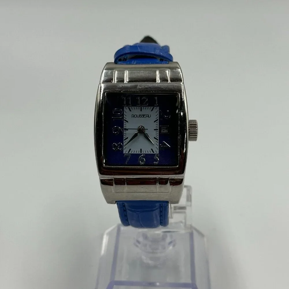 Rousseau Watch Women Silver Tone Square Dial Blue Leather Band New Battery 9